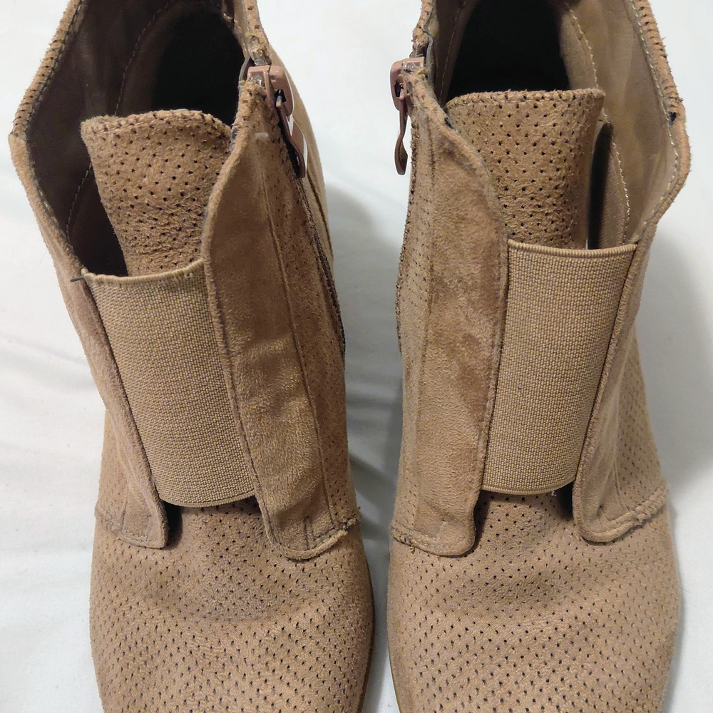 Forever Collectibles Tan Perforated Suede Ankle Heeled Boots
